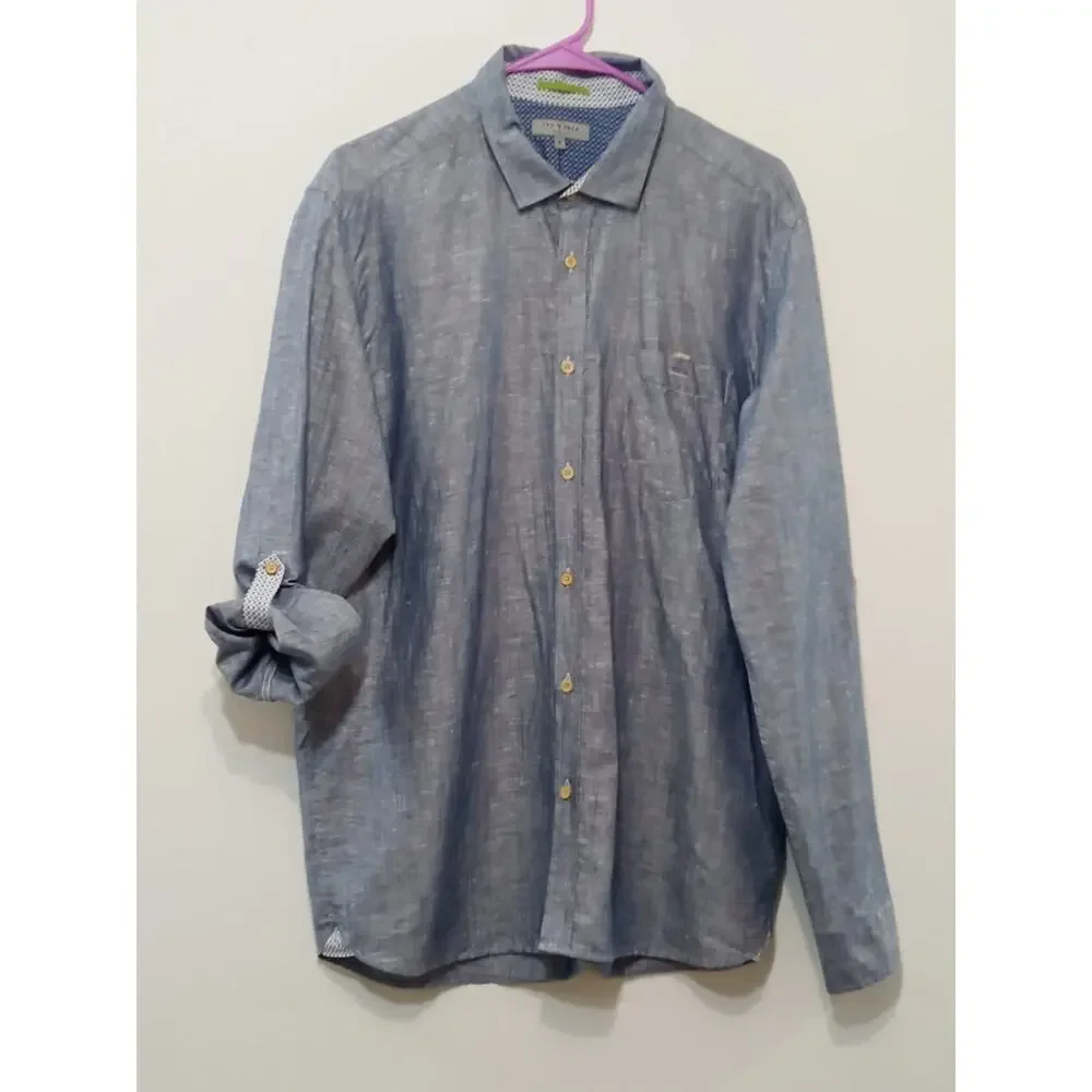 Ted Baker Men's Button Down Shirt Roll Tab Sleeves Linen Blue Size 6